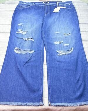 KanCan Women’s High Rise Wide Leg Jeans Distressed Frayed Hem Denim Size 22